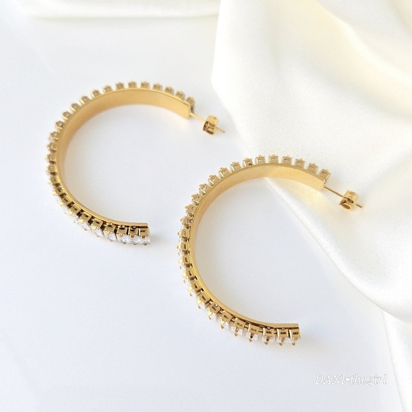 NEW Gold Tone Emerald Cut CZ Diamond Hoop Earrings - Picture 5 of 7